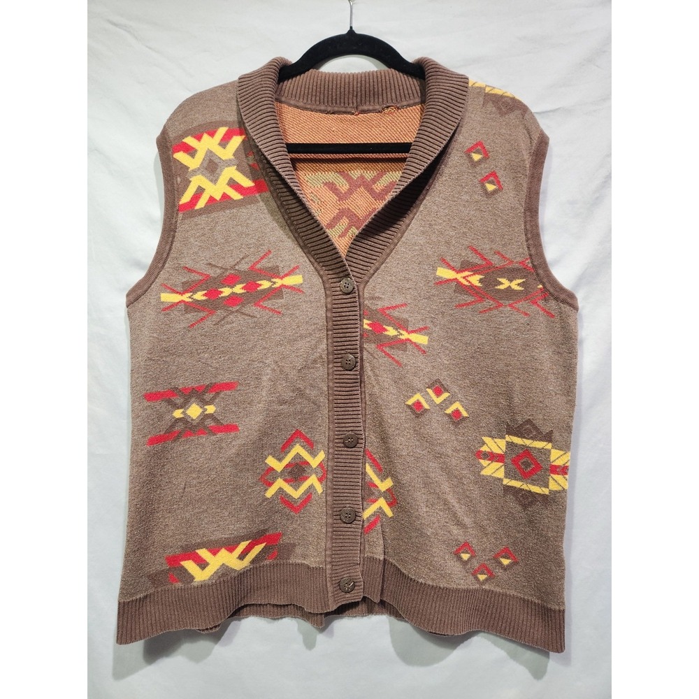 BRECKENRIDGE Women's Large Sweater Vest Brown Southwestern Aztec Tribal‎ Design